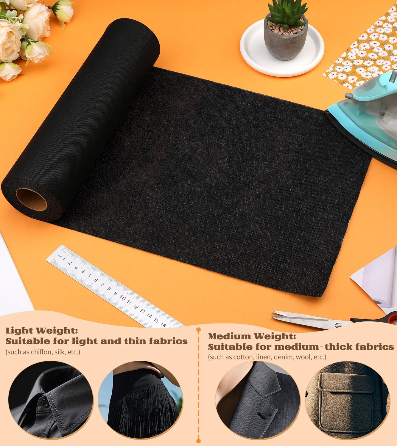 ZMAAGG Medium Weight Black Fusible Interfacing for Sewing, 11.6 X 30yd Iron-On Interfacing, Fusible Fabric for Sewing and DIY Crafts Supplies